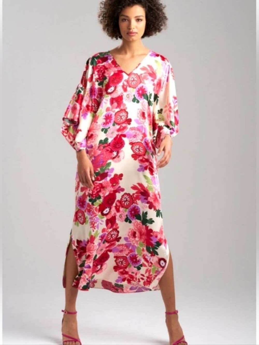 Natori Champagne Mandarin Floral Satin V-Neck Kaftan Dress Size Med Pink Floral